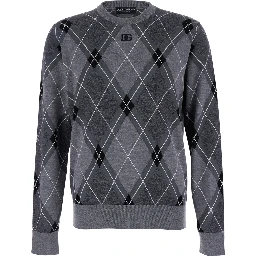Grey Crew Neck Sweater with Front Logo and Diamond Pattern in Wool Blend Man