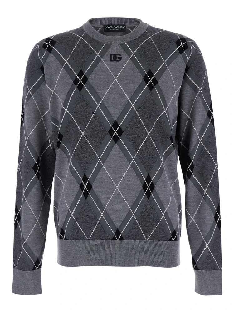 Grey Crew Neck Sweater with Front Logo and Diamond Pattern in Wool Blend Man