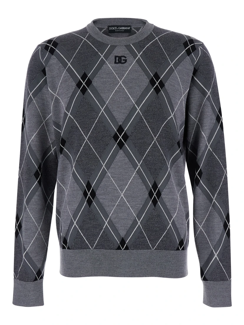 Grey Crew Neck Sweater with Front Logo and Diamond Pattern in Wool Blend Man