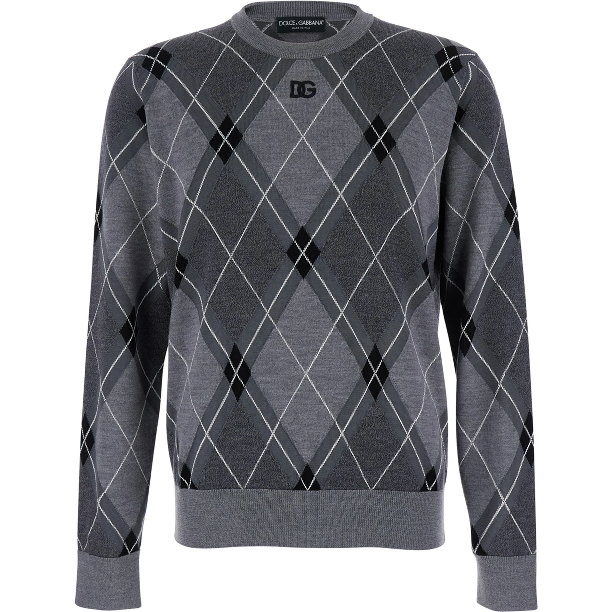 Grey Crew Neck Sweater with Front Logo and Diamond Pattern in Wool Blend Man