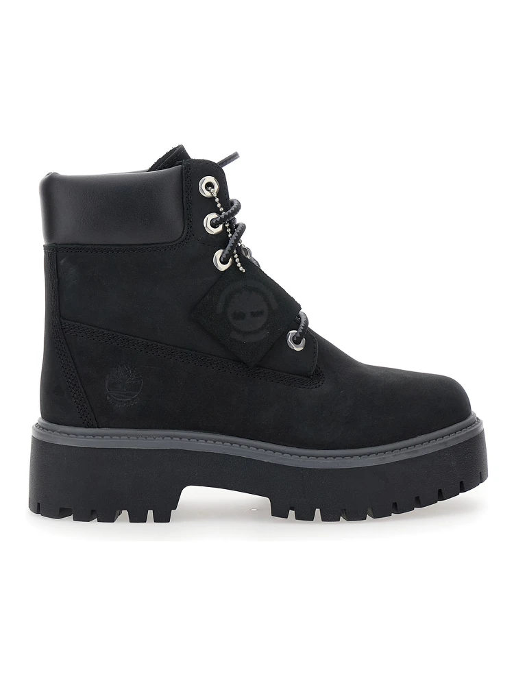 Black Water-Proof Boots with Logo Plate in Leather Woman