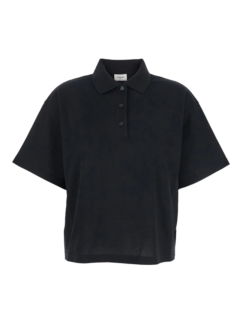 Black Oversize Polo Shirt with Classic Collar and Tonal Logo Embroidery on the Front in Cotton Piquet Woman