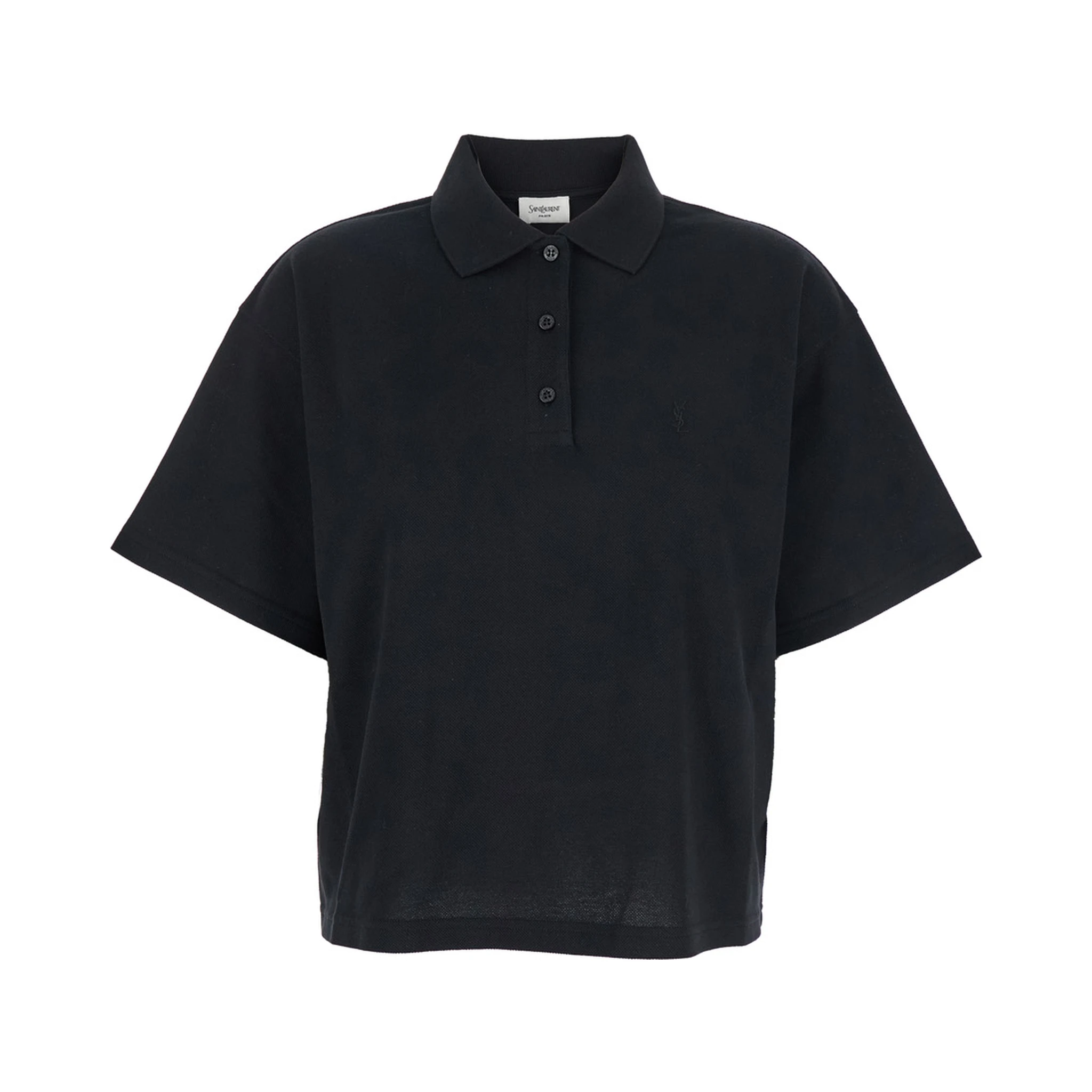 Black Oversize Polo Shirt with Classic Collar and Tonal Logo Embroidery on the Front in Cotton Piquet Woman