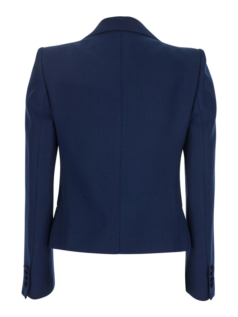 Blue Single-Breasted Jacket with Peak Revers and Bow on the Front in Viscose Woman