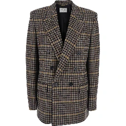 Brown Double-Breasted Jacket with Notched Revers and All-Over Check Motif in Wool Woman