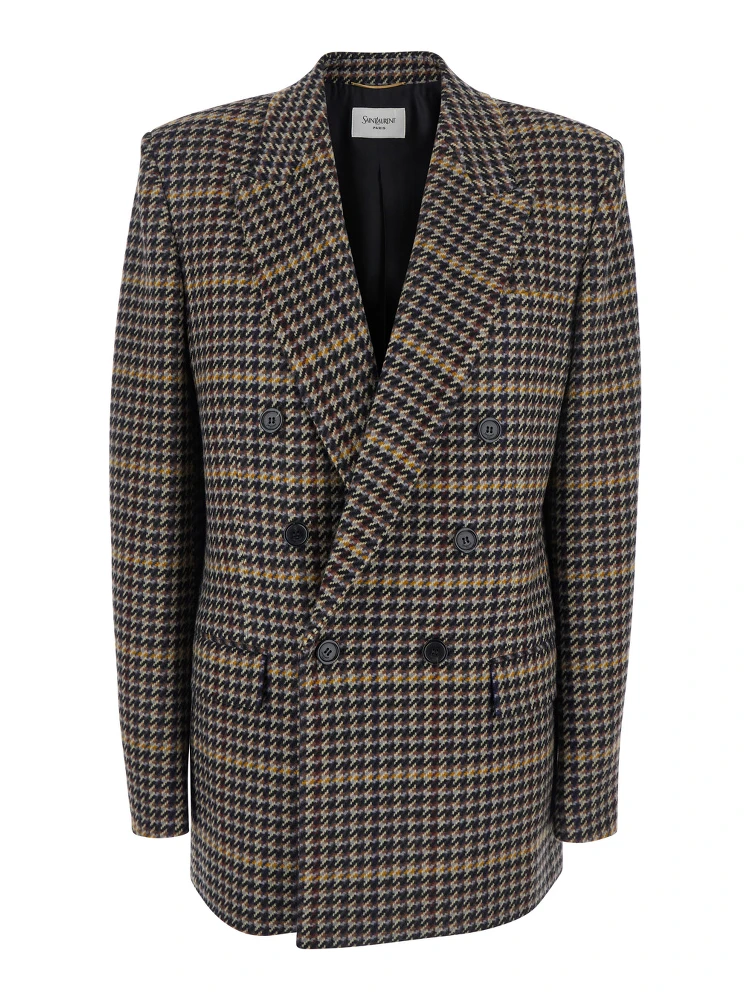 Brown Double-Breasted Jacket with Notched Revers and All-Over Check Motif in Wool Woman