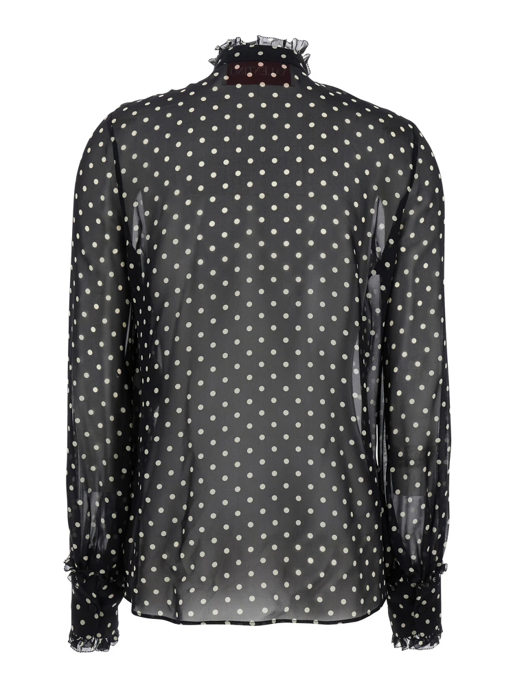 Black Crewneck Shirt with Floral Embroidery and All-Over Polka Dots Motif in Silk Woman alternative