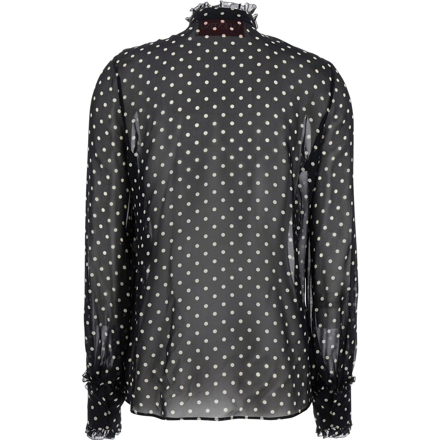 Black Crewneck Shirt with Floral Embroidery and All-Over Polka Dots Motif in Silk Woman