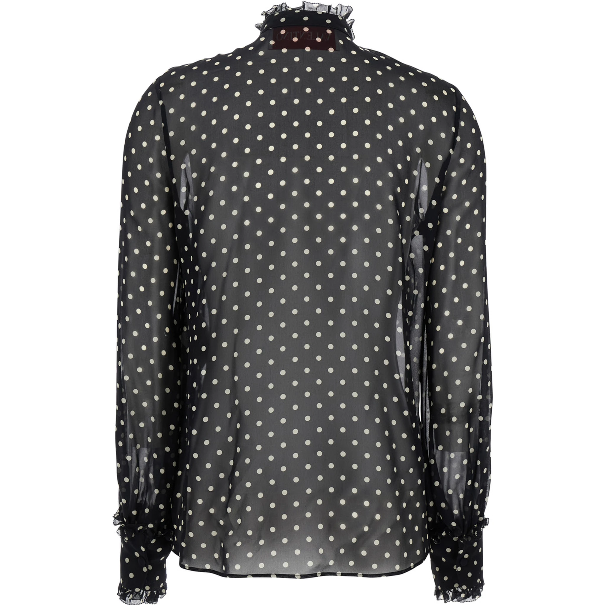 Black Crewneck Shirt with Floral Embroidery and All-Over Polka Dots Motif in Silk Woman