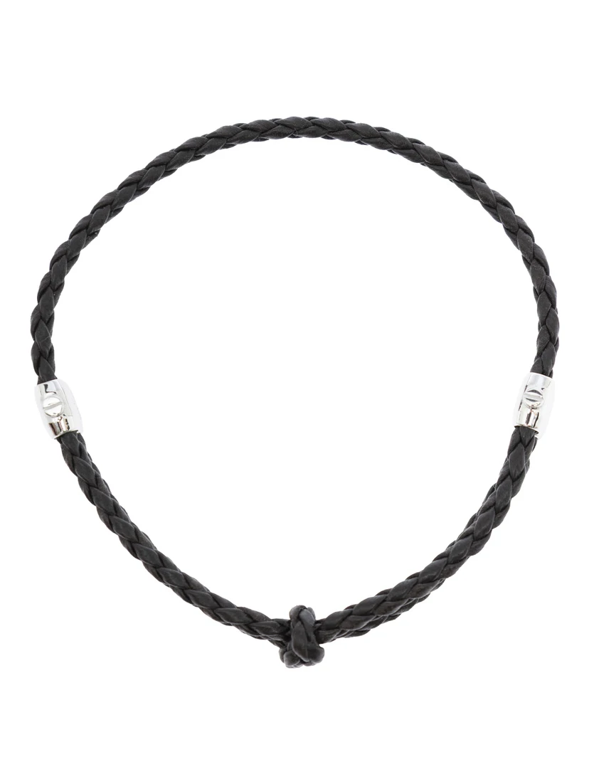 Metallic Bracelet with Intrecciato Design and Sliding Closure in Leather and Silver Man