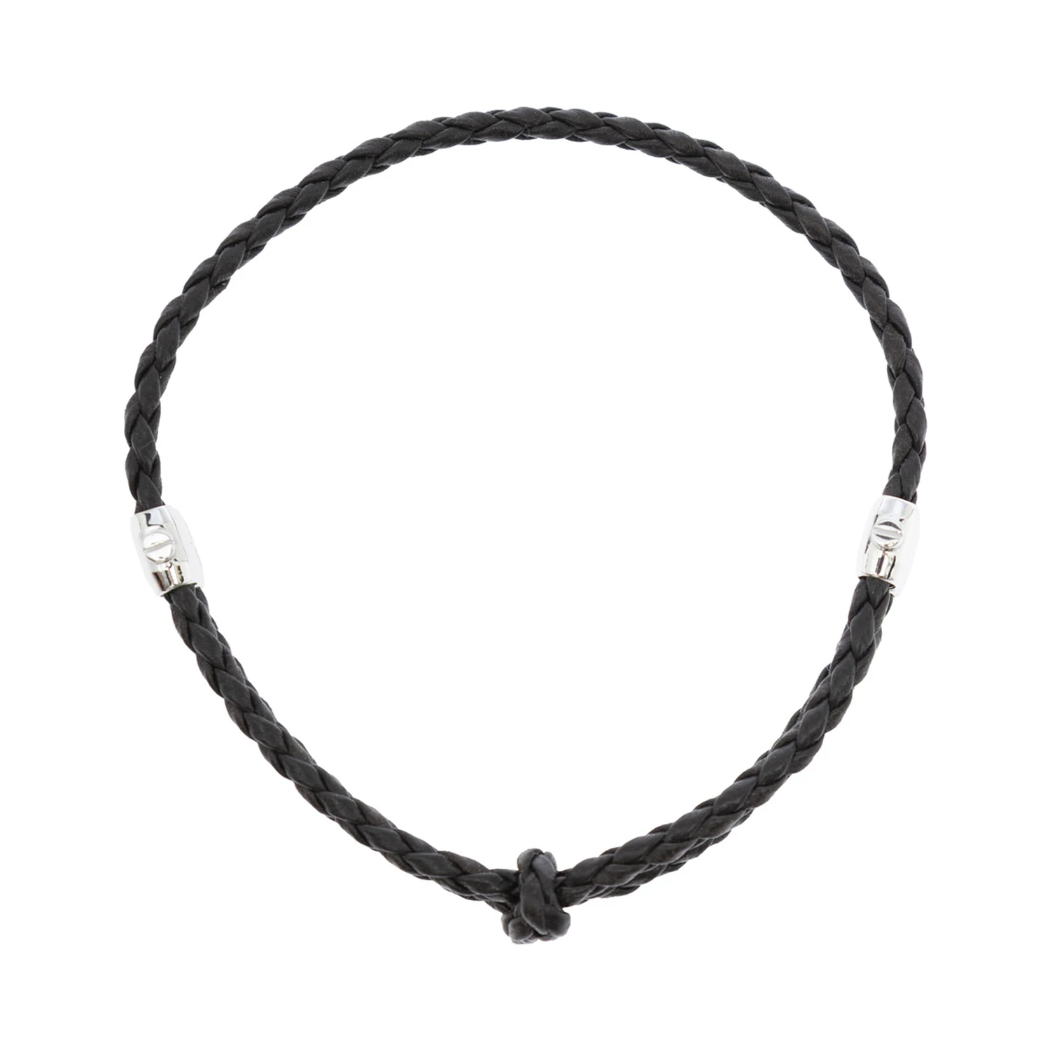 Metallic Bracelet with Intrecciato Design and Sliding Closure in Leather and Silver Man