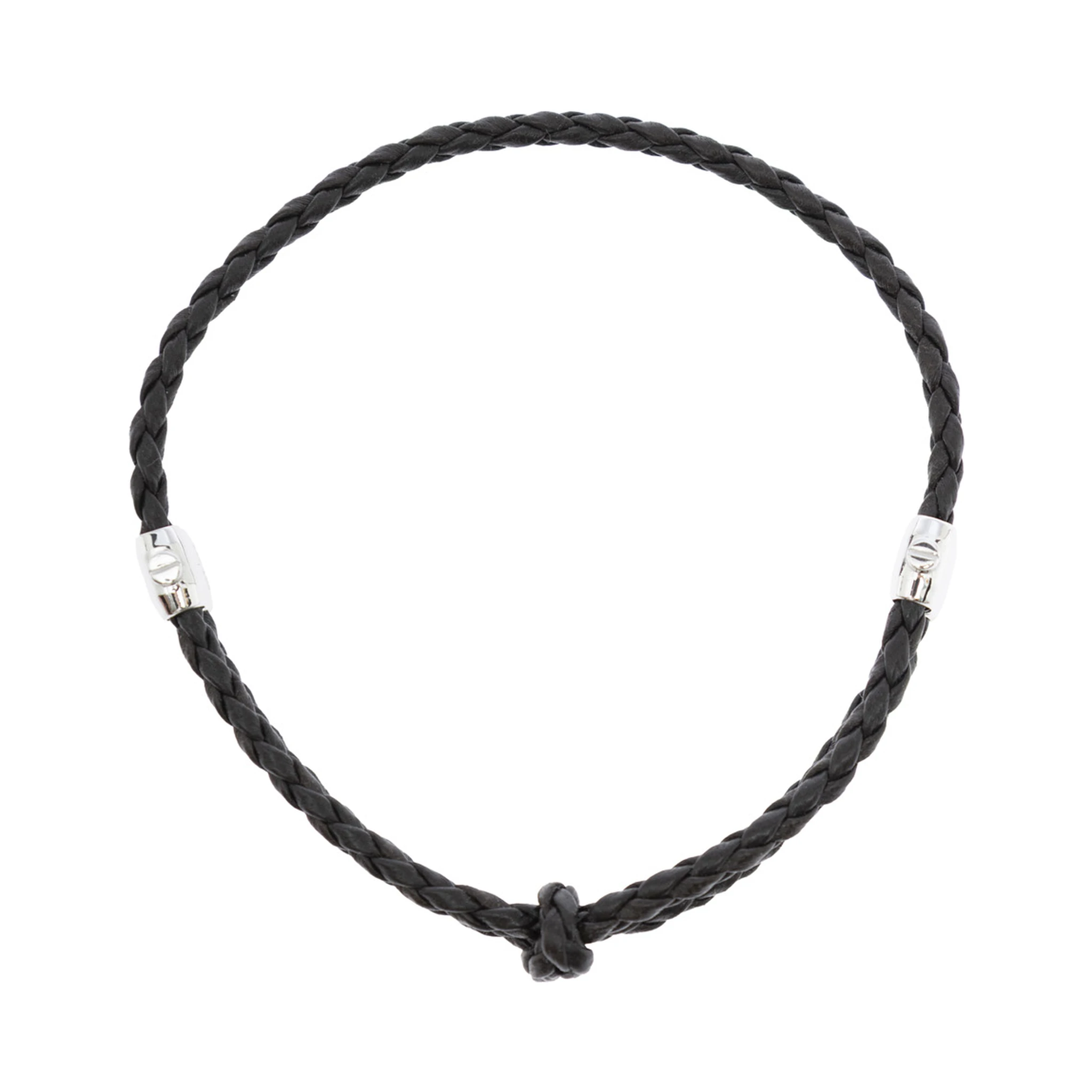 Metallic Bracelet with Intrecciato Design and Sliding Closure in Leather and Silver Man