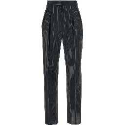 Sesamo Black Pants with Front Concealed Closure and All-Over Striped Motif in Wool Woman