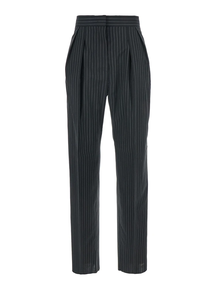 Sesamo Black Pants with Front Concealed Closure and All-Over Striped Motif in Wool Woman