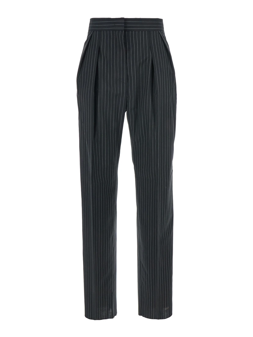 Sesamo Black Pants with Front Concealed Closure and All-Over Striped Motif in Wool Woman