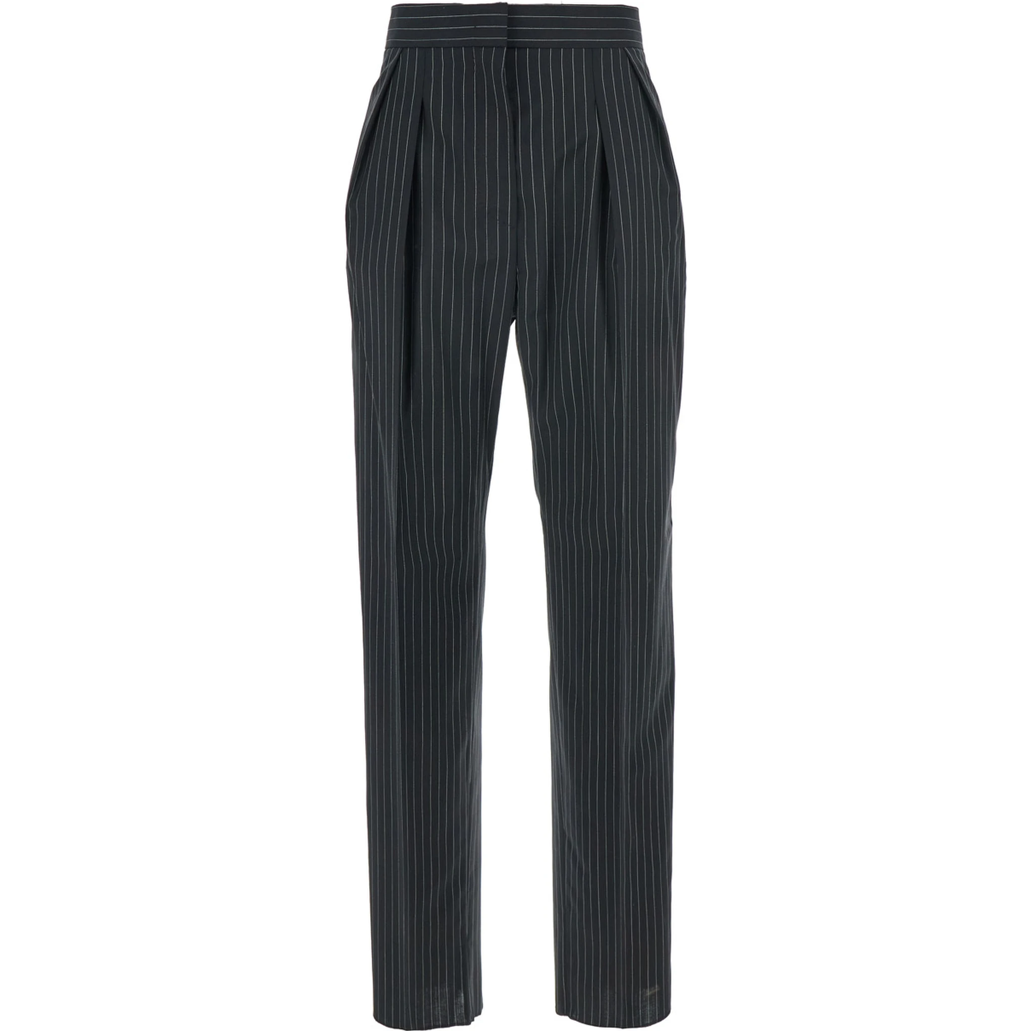 Sesamo Black Pants with Front Concealed Closure and All-Over Striped Motif in Wool Woman