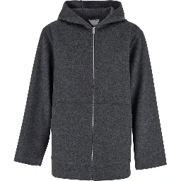 Grey Coat with Fixed Hood and Front Zip Closure in Wool Man