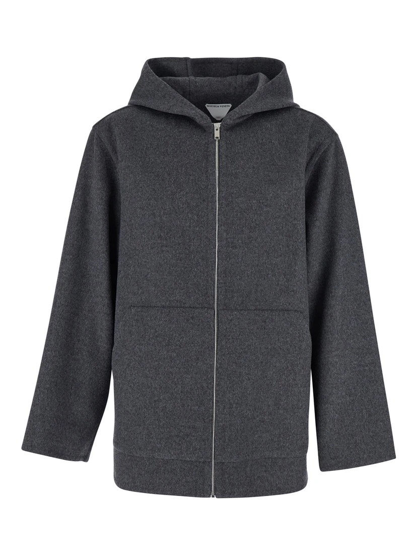 Grey Coat with Fixed Hood and Front Zip Closure in Wool Man