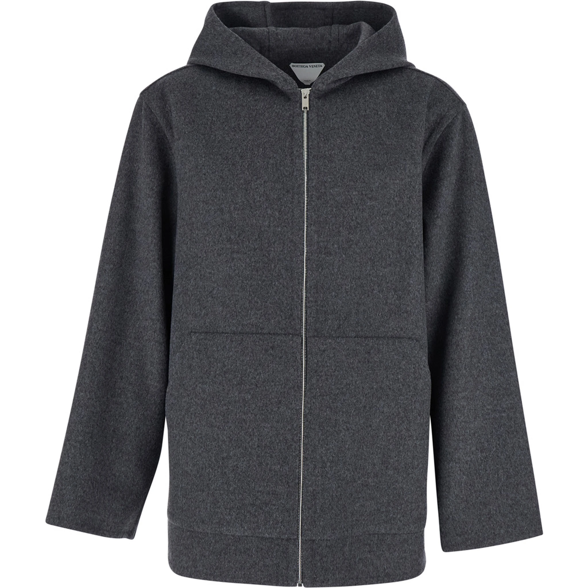 Grey Coat with Fixed Hood and Front Zip Closure in Wool Man