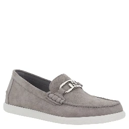 Grey Loafers with FF Metal Buckle and Contrasting Sole in Suede Man