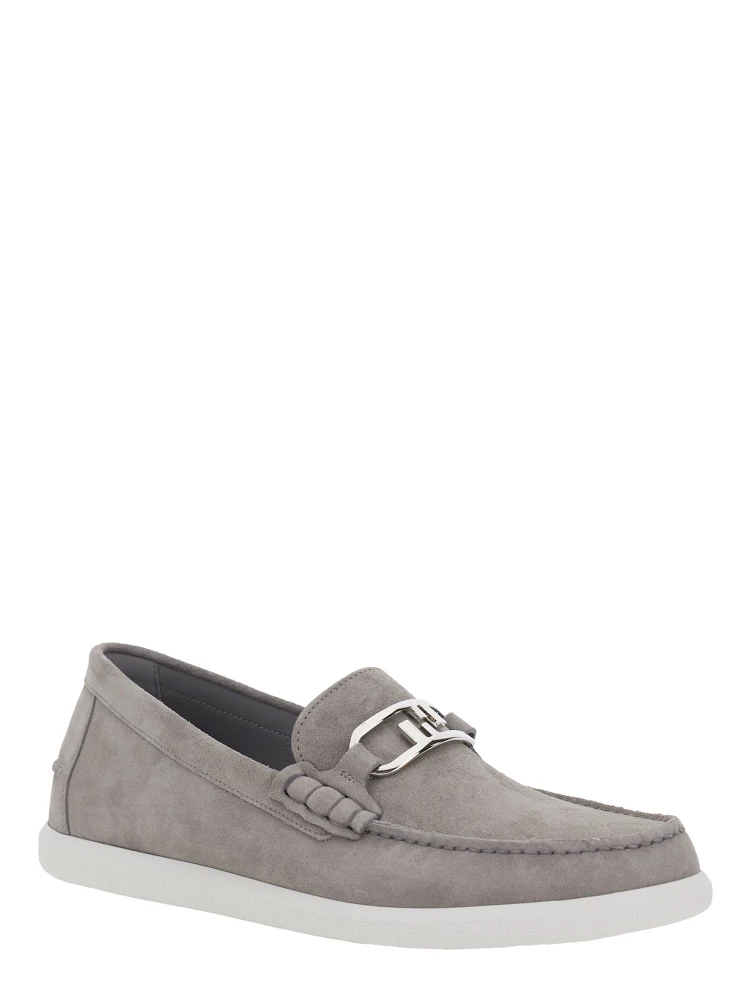 Grey Loafers with FF Metal Buckle and Contrasting Sole in Suede Man alternative