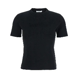 Adelio Black Crewneck T-Shirt with Tonal Logo Lettering Embroidery on the Front in Viscose Blend Woman