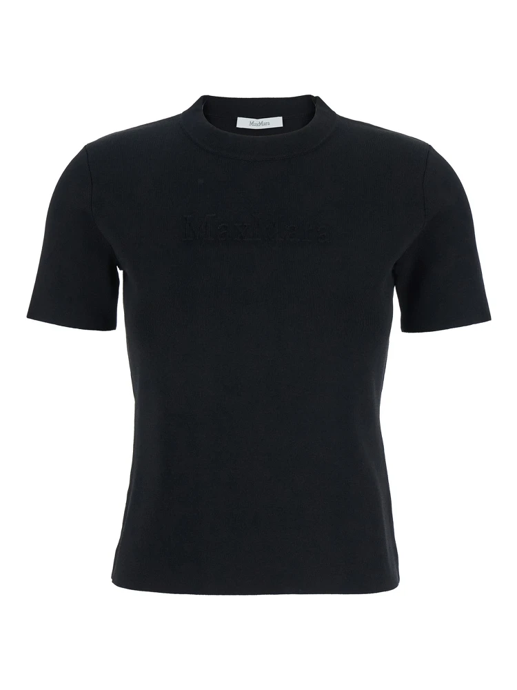 Adelio Black Crewneck T-Shirt with Tonal Logo Lettering Embroidery on the Front in Viscose Blend Woman