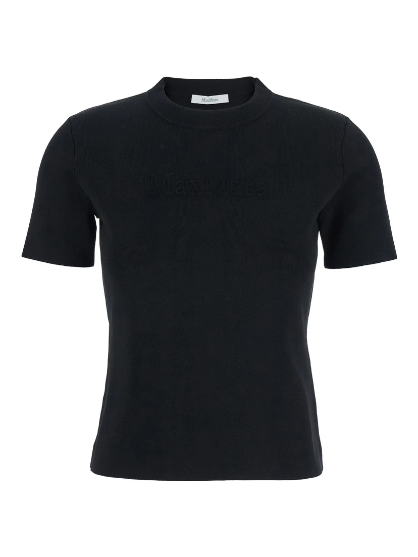 Adelio Black Crewneck T-Shirt with Tonal Logo Lettering Embroidery on the Front in Viscose Blend Woman