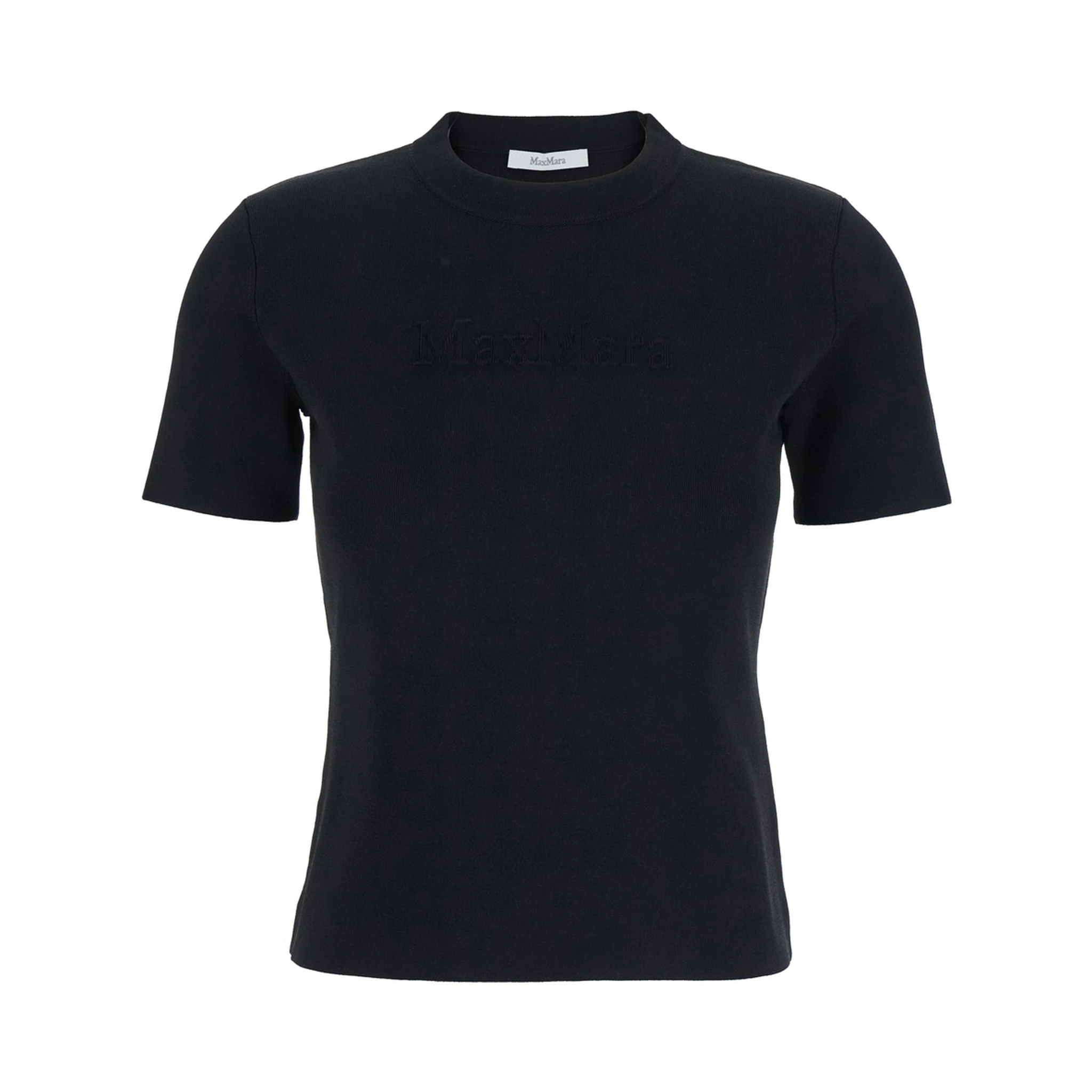 Adelio Black Crewneck T-Shirt with Tonal Logo Lettering Embroidery on the Front in Viscose Blend Woman