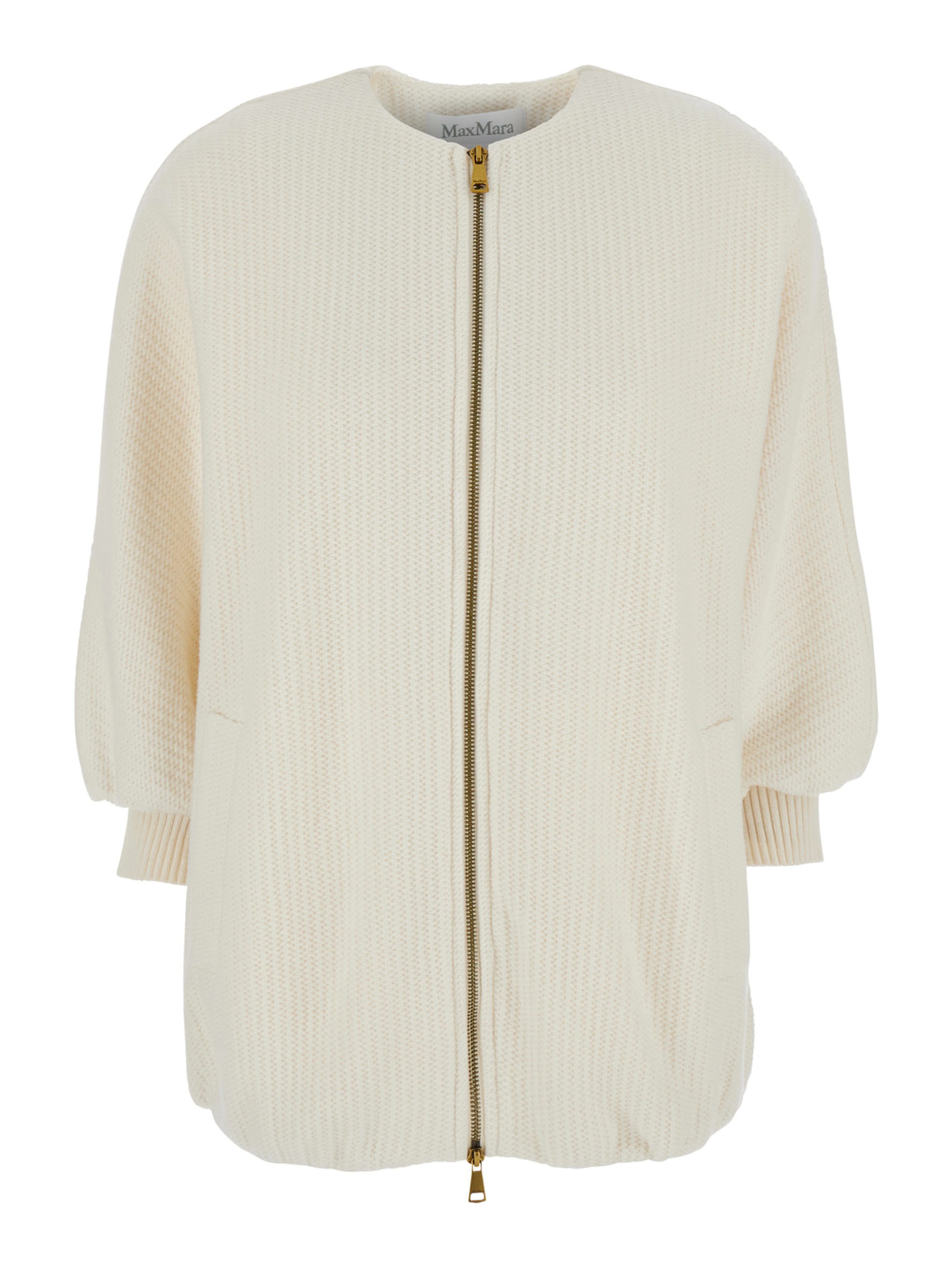 Cirino White Crewneck Knit Jacket with Logo Patch on the Rear in Wool and Cashmere Woman