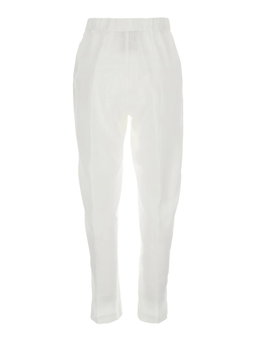 White Pants with Elastic Waist with Drawstring in Linen Woman