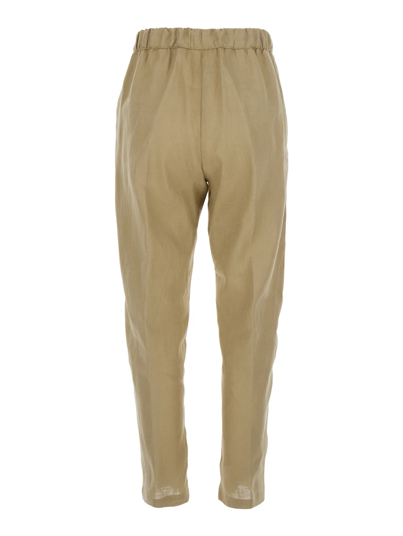 Beige Pants with Elastic Waist with Drawstring in Linen Woman