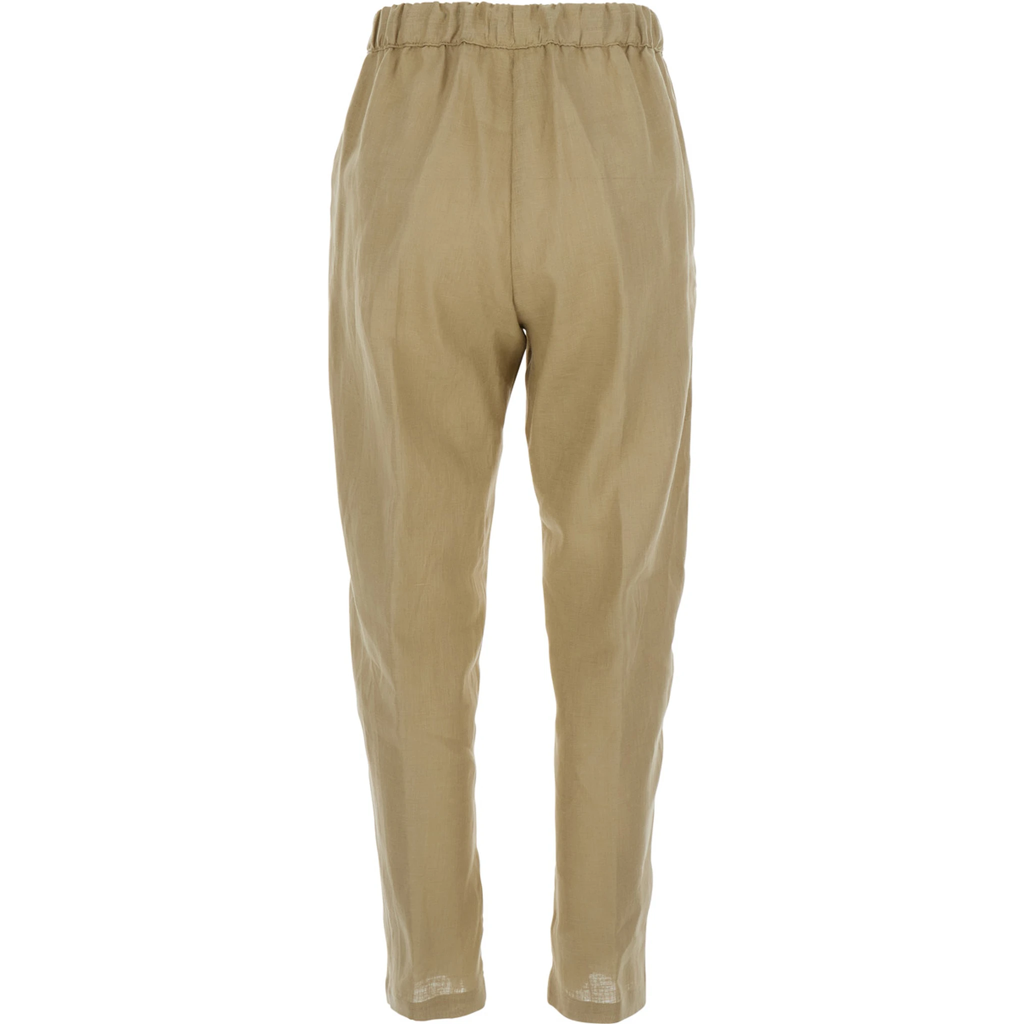 Beige Pants with Elastic Waist with Drawstring in Linen Woman