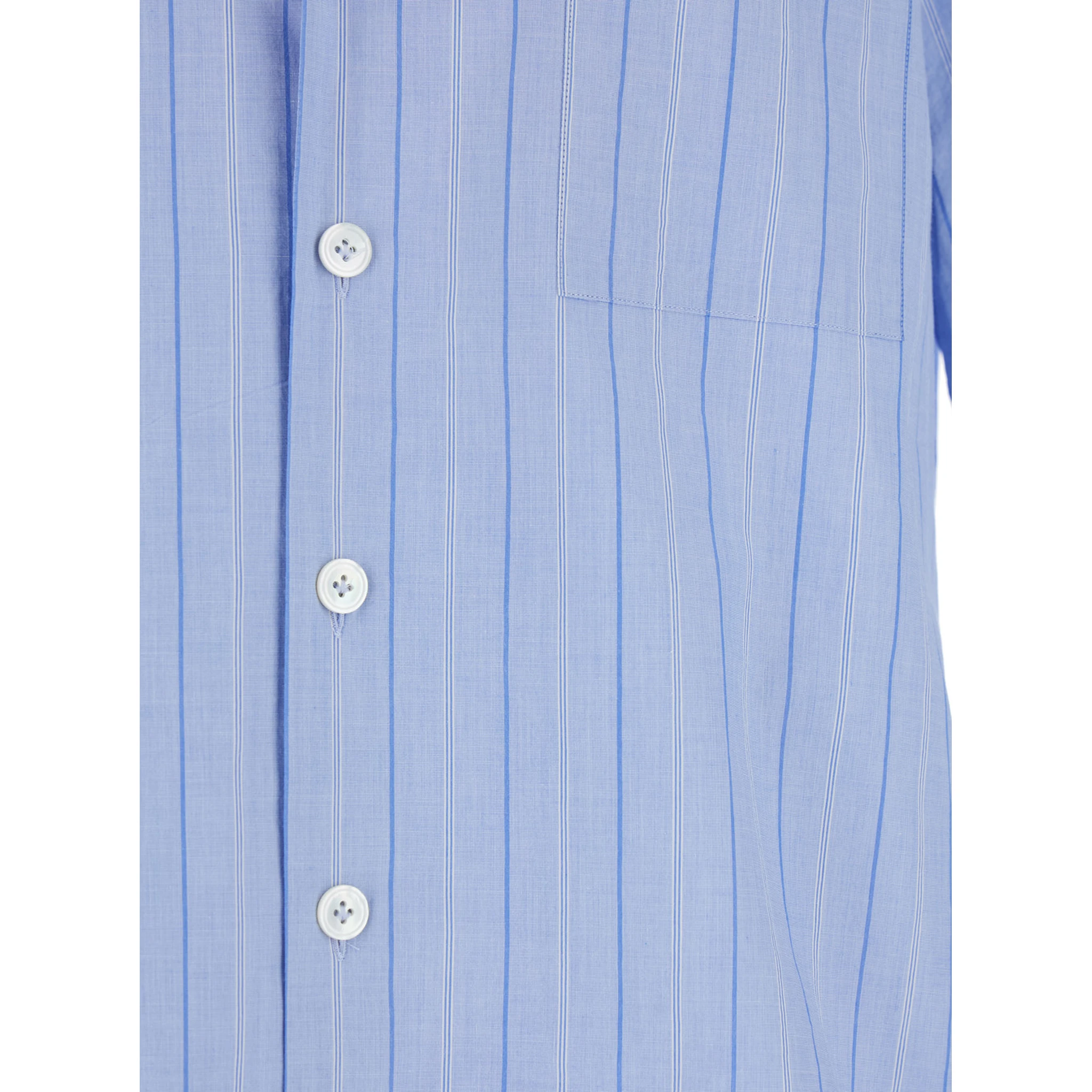 Blue Shirt with All-Over Striped Motif and Cuban Collar in Cotton Man