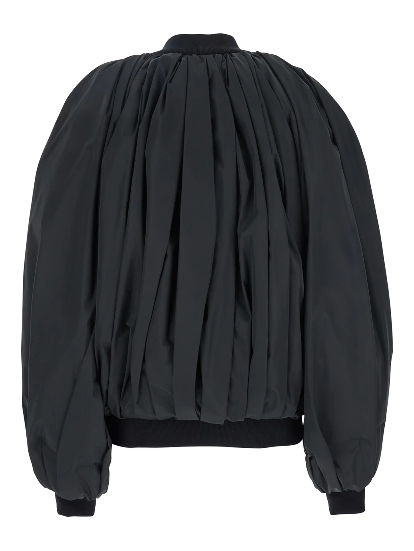 Black Bomber Draped Jacket with Elastic Rear Hem in Tech Fabric Woman