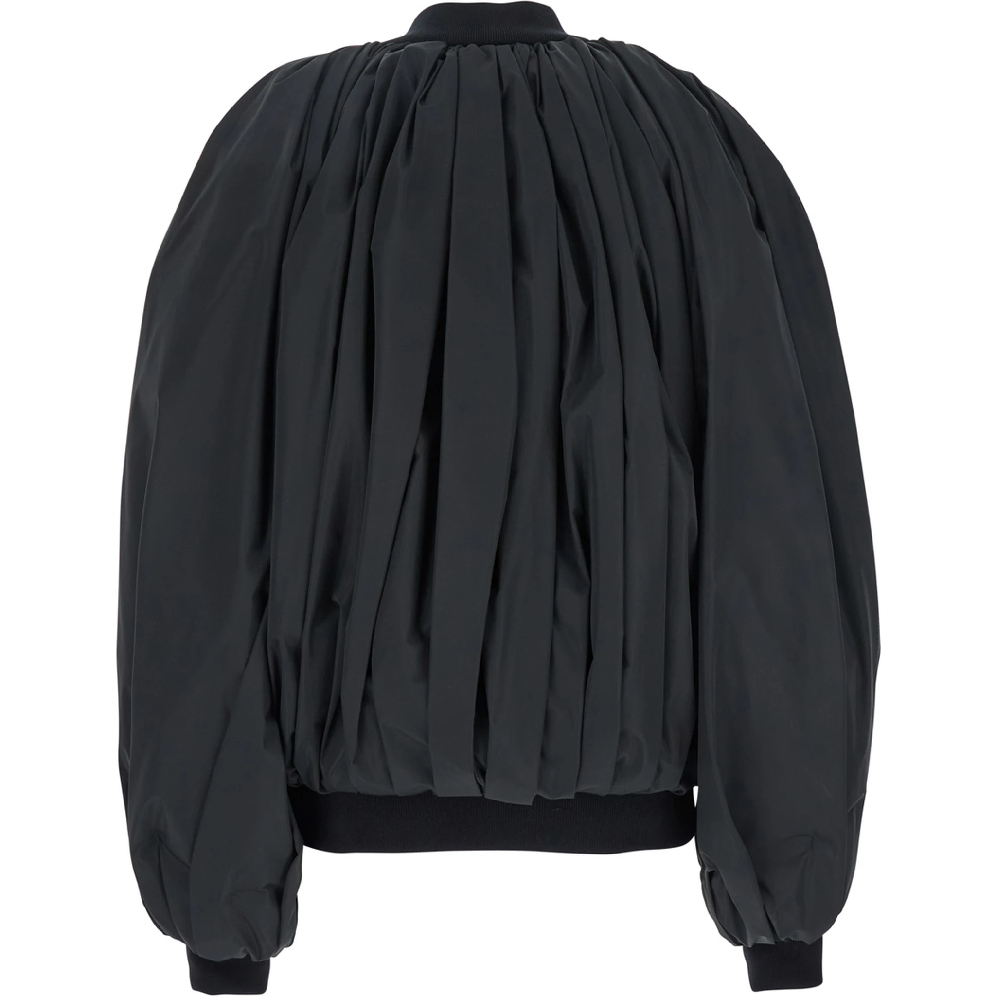 Black Bomber Draped Jacket with Elastic Rear Hem in Tech Fabric Woman