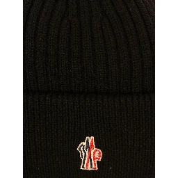 Black Ribbed Beanie with Logo Patch in Wool Man