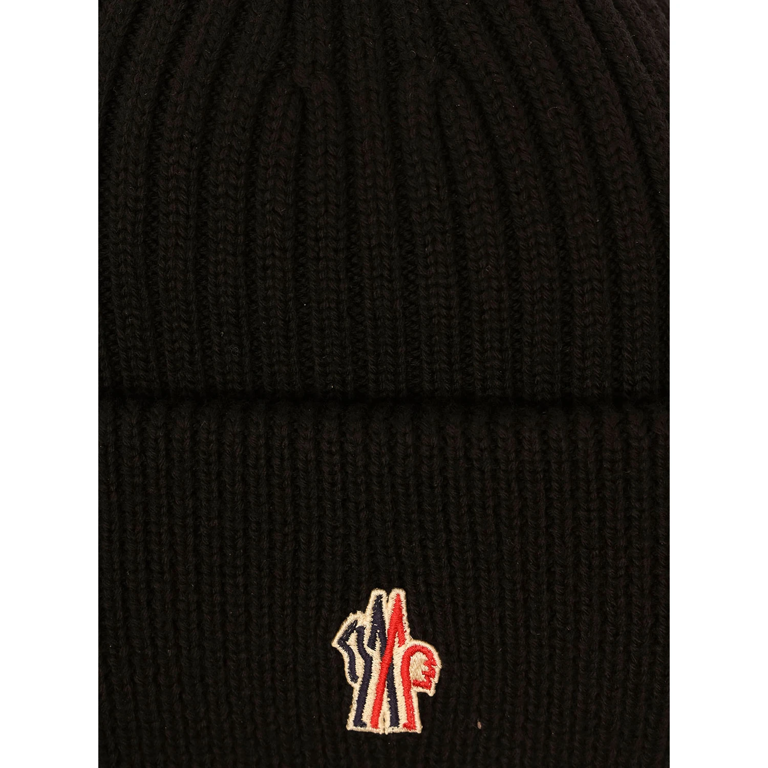 Black Ribbed Beanie with Logo Patch in Wool Man