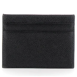 Black Card Holder with Logo Plaque on the Front in Grained Leather Man