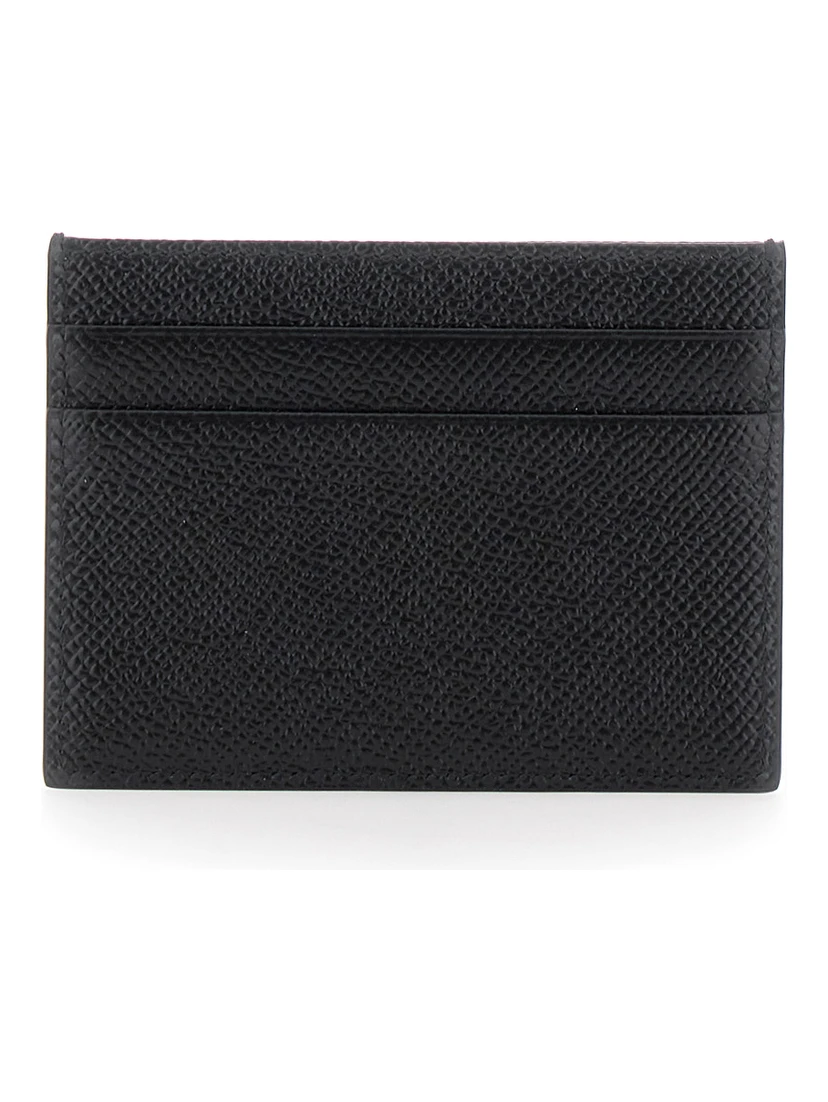 Black Card Holder with Logo Plaque on the Front in Grained Leather Man