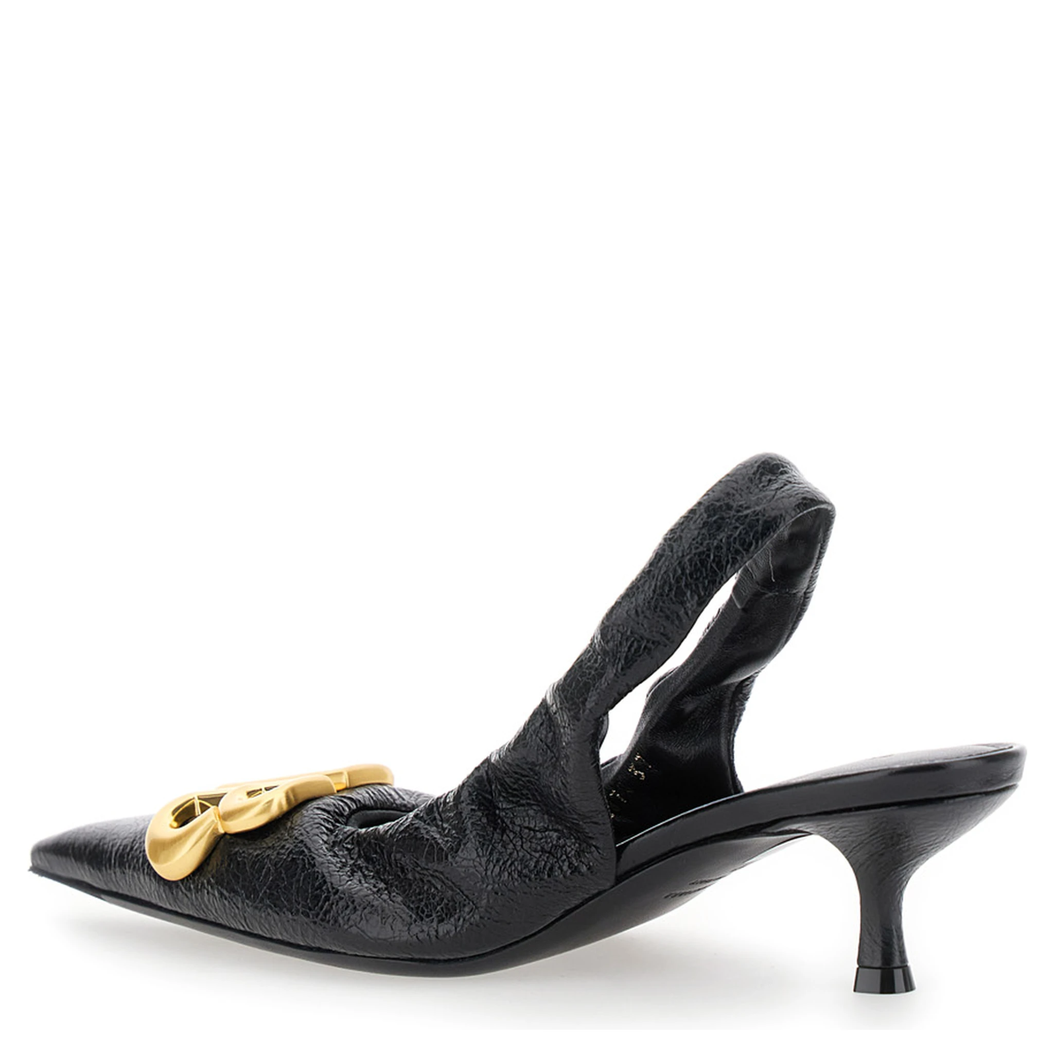 Monaco Black Slingback Pumps with Logo Plaque on the Front and Low Stiletto Heel in Leather Woman