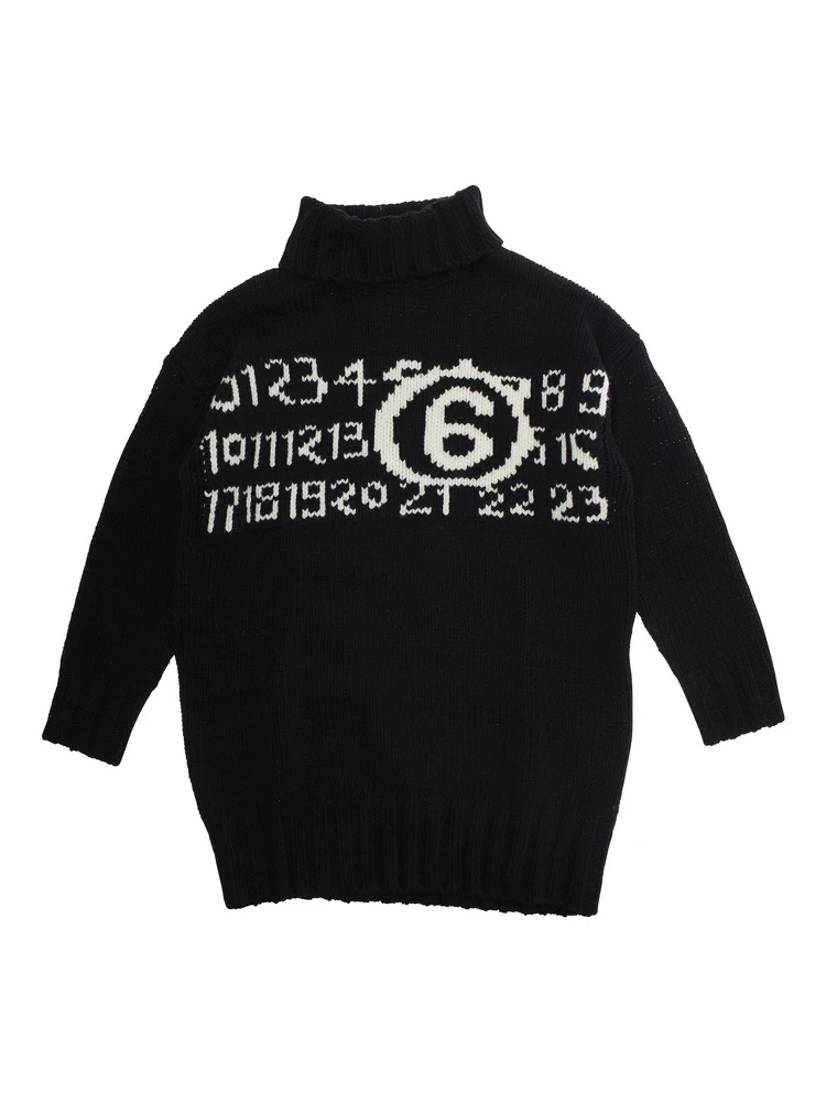 Black High-Neck Dress with Maxi Logo on the Front in Wool Girl