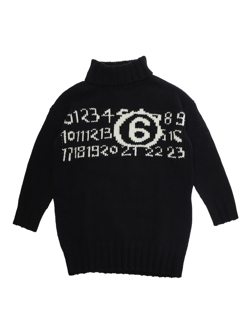 Black High-Neck Dress with Maxi Logo on the Front in Wool Girl