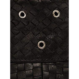 Black Bucket Hat with Metal Eyelets and Intreccio Motif in Leather Man