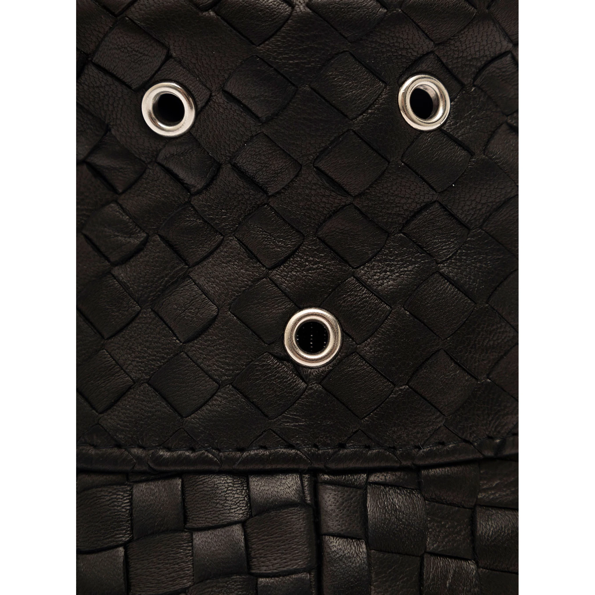 Black Bucket Hat with Metal Eyelets and Intreccio Motif in Leather Man