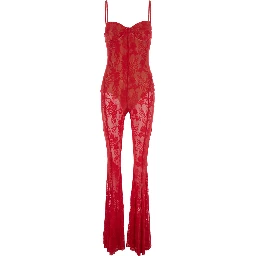 Red Jumpsuit with Sweatheart Neckline and Flared Leg in Tech Fabric Stretch Woman