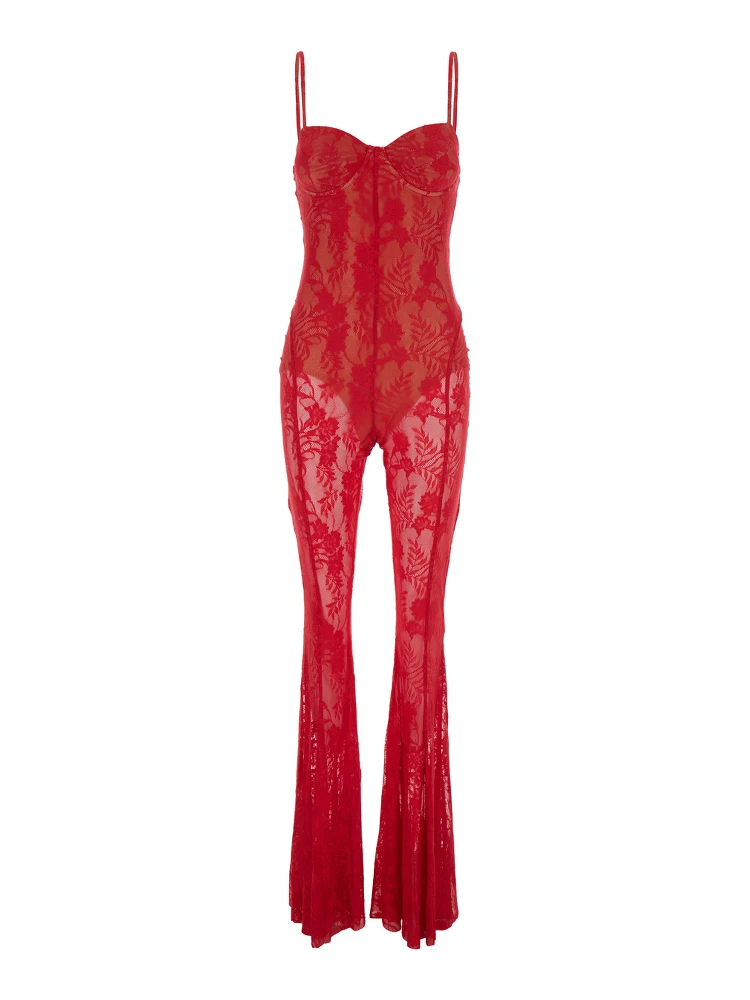 Red Jumpsuit with Sweatheart Neckline and Flared Leg in Tech Fabric Stretch Woman