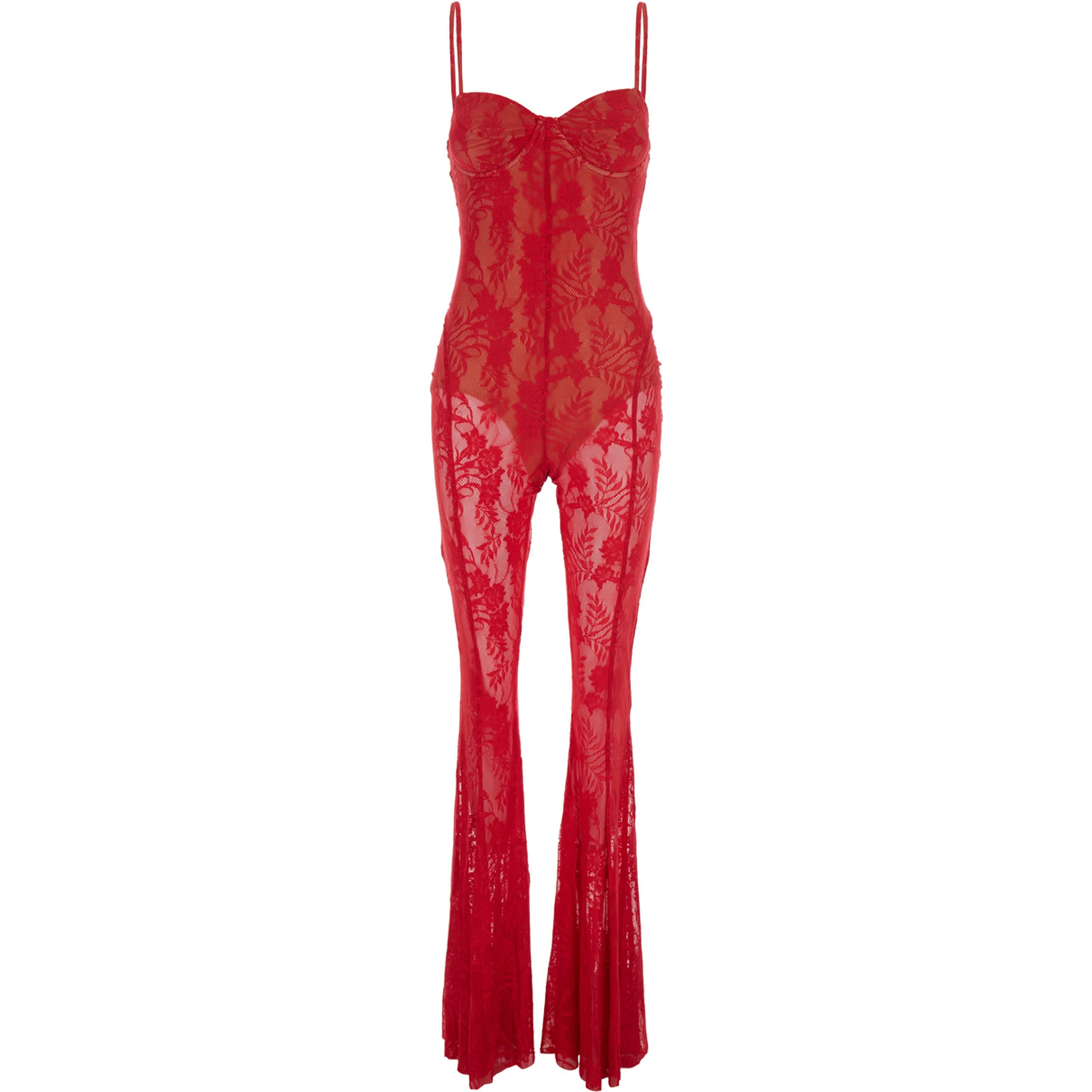 Red Jumpsuit with Sweatheart Neckline and Flared Leg in Tech Fabric Stretch Woman