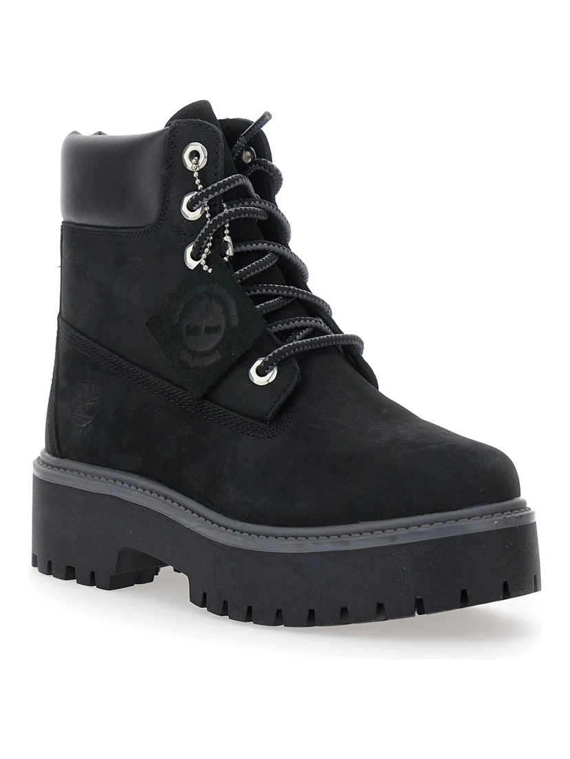 Black Water-Proof Boots with Logo Plate in Leather Woman