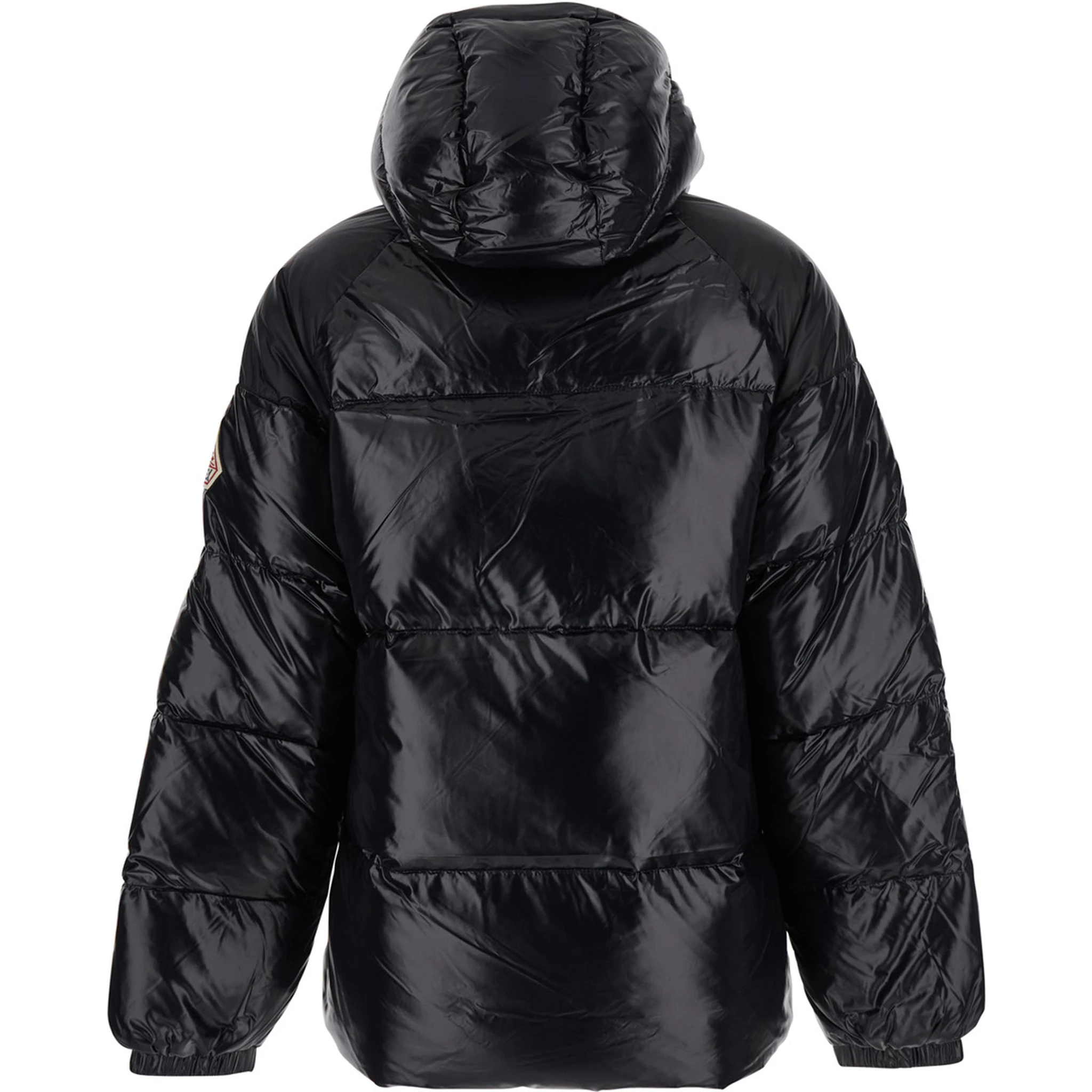 Sten Black Down Jacket with Drawstring Hood and Logo Patch on the Sleeve in Tech Fabric Unisex